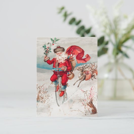 Santa Claus Riding Bicycle, rendier en konijn Feestdagenkaart (Staand voorkant)