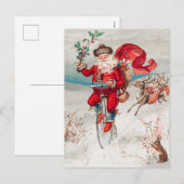 Santa Claus Riding Bicycle, rendier en konijn Feestdagenkaart (Voorkant / Achterkant)