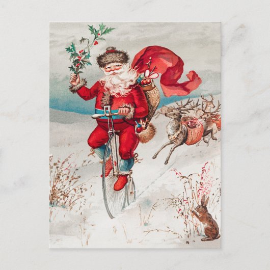 Santa Claus Riding Bicycle, rendier en konijn Feestdagenkaart (Voorkant)