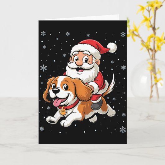 Santa Claus Riding Cavalier King Charles Spaniel D Kaart (Gele Bloem)