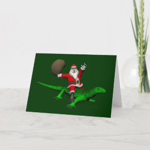 Santa Claus Riding Green Lizard Feestdagen Kaart