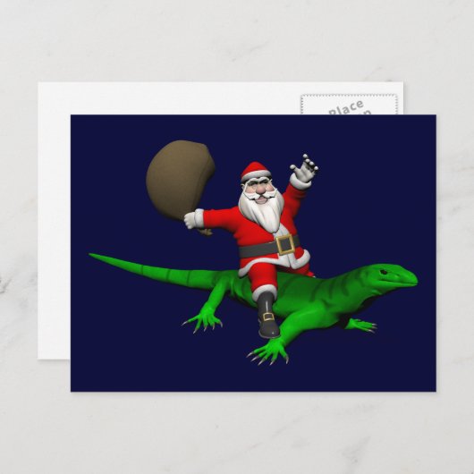 Santa Claus Riding Green Lizard Feestdagenkaart (Voorkant / Achterkant)