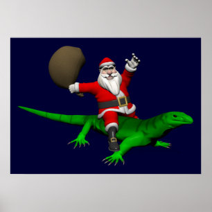Santa Claus Riding Green Lizard Poster