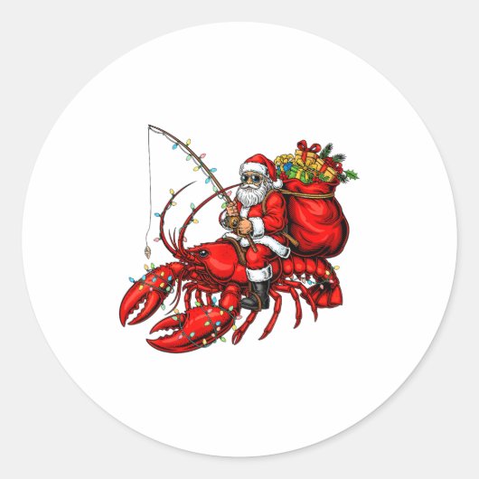 Santa Claus Riding Lobster Lights Christmas Fishin Ronde Sticker (Voorkant)