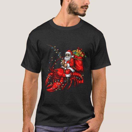 Santa Claus Riding Lobster Lights Christmas Fishin T-shirt (Voorkant)