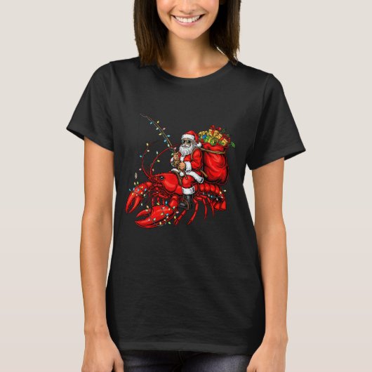 Santa Claus Riding Lobster Lights Christmas Fishin T-shirt (Voorkant)