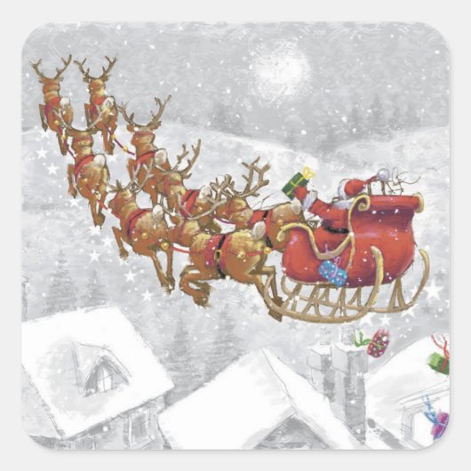 Santa Claus riding on sleigh with gift box Vierkante Sticker (Voorkant)