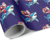 Santa Claus Riding Shark Christmas Blue Cadeaupapier (Rol Hoek)