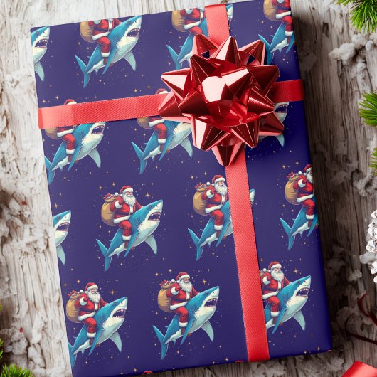 Santa Claus Riding Shark Christmas Blue Cadeaupapier