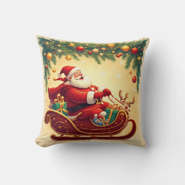Santa Claus Riding Sleigh met een rendier Kussen (Voorkant)