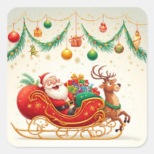 Santa Claus Riding Sleigh met een rendier Vierkante Sticker (Voorkant)