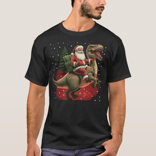 Santa Claus riding Tyrannosaurus Rex Christmas Din T-shirt (Voorkant)