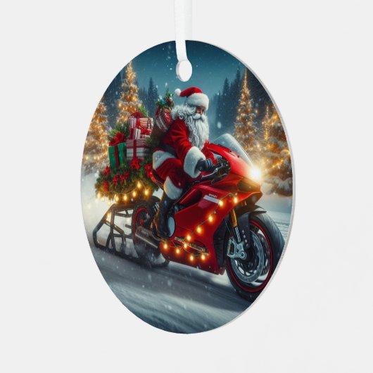 Santa Claus Rijden op een Ducati Motorcycle Sled Metalen Ornament (Voorkant links)