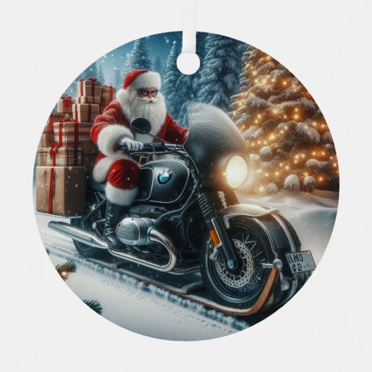 Santa Claus Rijdend op een BMW Motorcycle Sled Metalen Ornament (Voorkant)