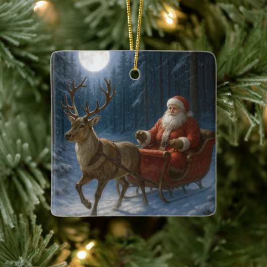 Santa Claus Rijdt Een Sleigh In Moonlight Keramisch Ornament (Boom)