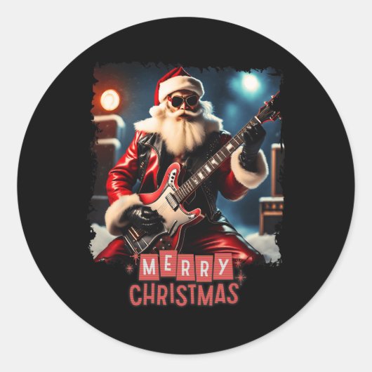 Santa Claus Rock Gitaar Vrolijk Kerstfeest Ronde Sticker (Voorkant)