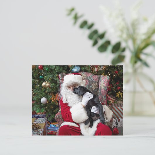Santa Claus Schattigee Puppy Zwarte Labrador Kerst Feestdagenkaart (Staand voorkant)