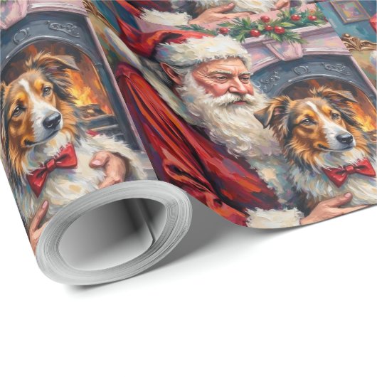 Santa Claus Shetland Sheepdog Christmas Art Cadeaupapier (Rol Hoek)