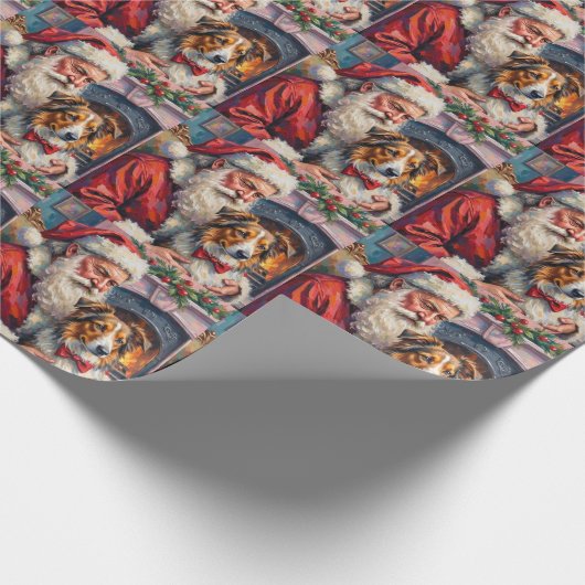 Santa Claus Shetland Sheepdog Christmas Art Cadeaupapier (Hoek)