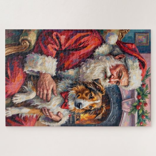 Santa Claus Shetland Sheepdog Christmas Art Legpuzzel (Horizontaal)