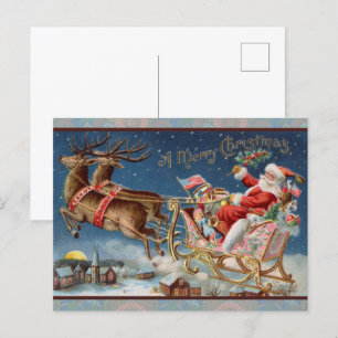 Santa Claus Sleigh met rendieren op kerstavond Briefkaart