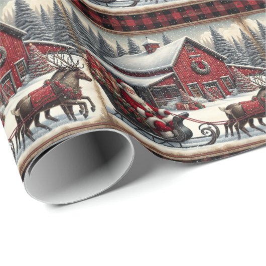 Santa Claus Sleigh Reindeer Barn Christmas Country Cadeaupapier (Rol Hoek)