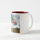 Santa Claus Sneaking op de Daktop Tweekleurige Koffiemok (Voorkant rechts)