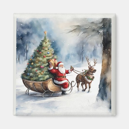 Santa Claus Sneeuw Rendier Sleigh Vakantie Magneet (Voorkant)