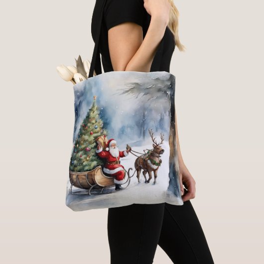 Santa Claus Sneeuwrendier Sleigh Vakantie Canvas t Tote Bag (Dichtbij)