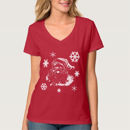 Santa Claus Snowflakes Kerst rood T-shirt V (Voorkant)