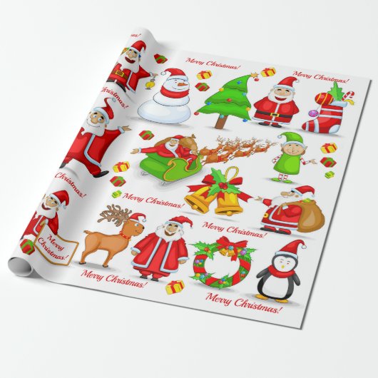 Santa Claus Snowman Elves Reindeer Penguin Cadeaupapier (Uitgerold)