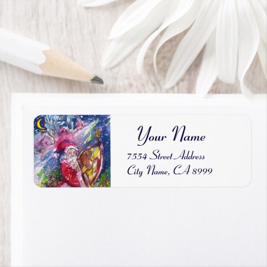 SANTA CLAUS SPEELT HARP IN HET MOONLIGHT ETIKET (Insitu)