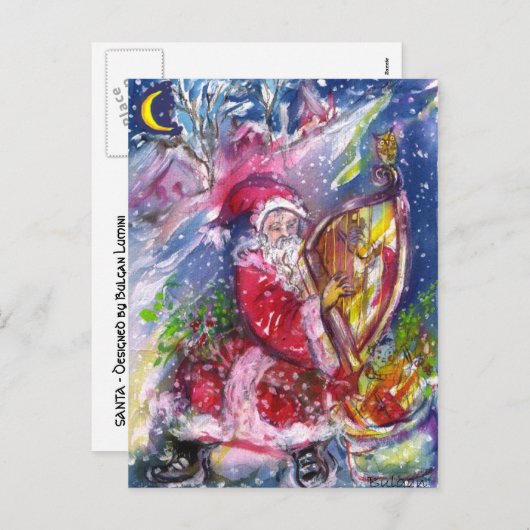 SANTA CLAUS SPEELT HARP IN HET MOONLIGHT FEESTDAGENKAART (Voorkant / Achterkant)