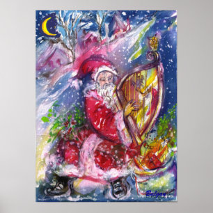 SANTA CLAUS SPEELT HARP IN MOONLIGHT kerst Poster
