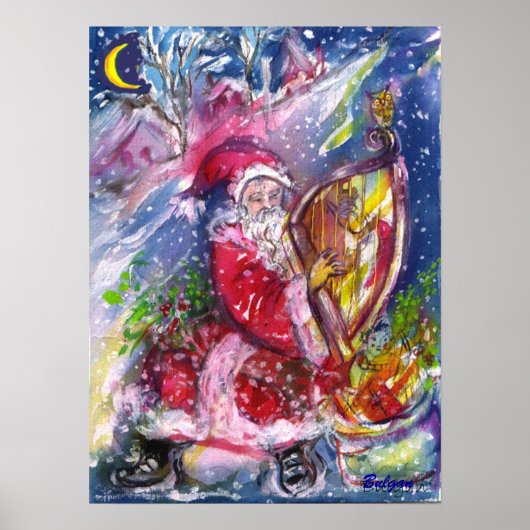 SANTA CLAUS SPEELT HARP IN MOONLIGHT kerst Poster (Voorkant)