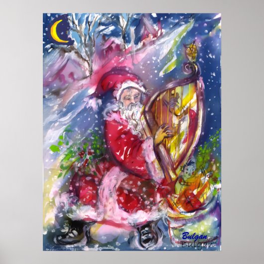 SANTA CLAUS SPEELT HARP IN MOONLIGHT kerst Poster (Voorkant)
