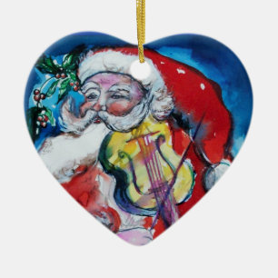 SANTA CLAUS SPEELT VIOLIN Red Ruby Heart Keramisch Ornament