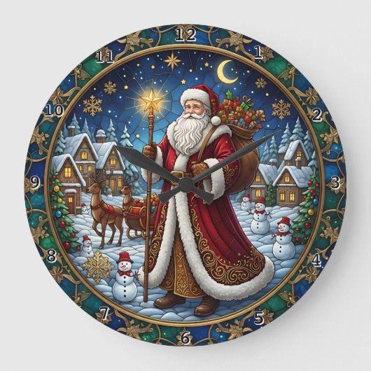 Santa Claus Stained Glass Holiday Scene Grote Klok (Voorkant)