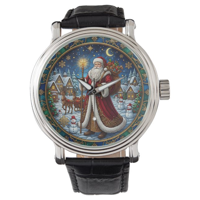 Santa Claus Stained Glass Holiday Scene Horloge (Voorkant)