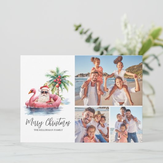 Santa Claus Tropical Beach Kerstfoto Feestdagenkaart (Staand voorkant)