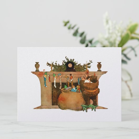 Santa Claus vulling kousen met speelgoed Kerstmis Feestdagenkaart (Staand voorkant)