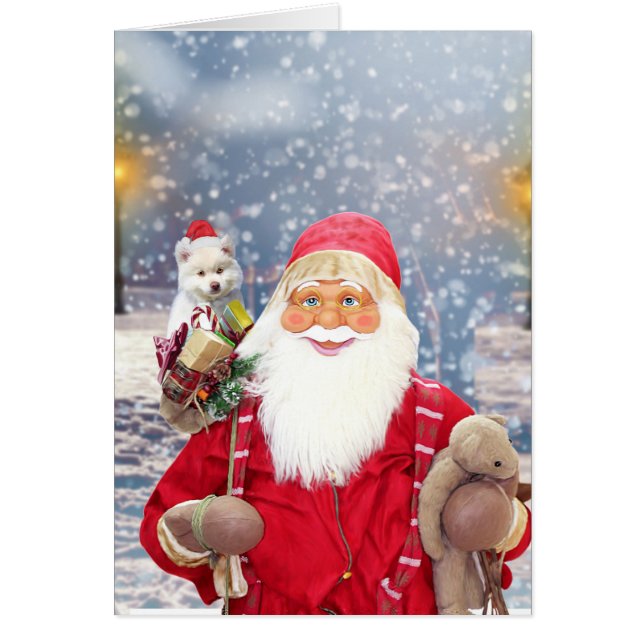 Santa Claus w kerstcadeaus American Eskimo Dog (Voorkant)