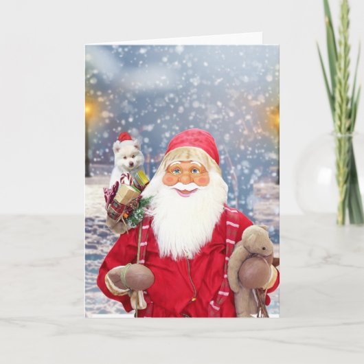 Santa Claus w kerstcadeaus American Eskimo Dog Feestdagen Kaart (Voorkant)