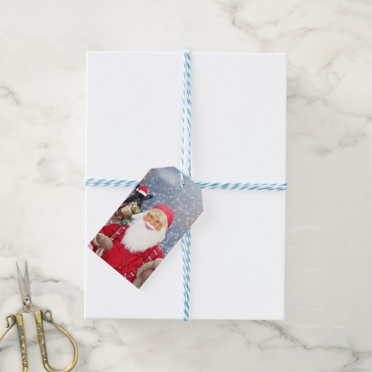 Santa Claus w kerstcadeaus French Bulldog Cadeaulabel (Met Touw)