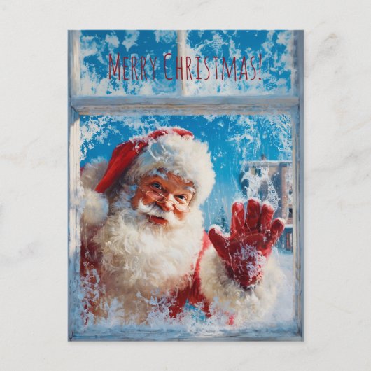 Santa Claus waving cheerfully from a snowy window Briefkaart (Voorkant)