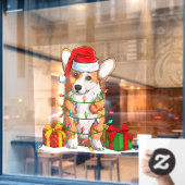 Santa Claus Welsh Corgi met kerstlicht Raamsticker (Cafe Raam)
