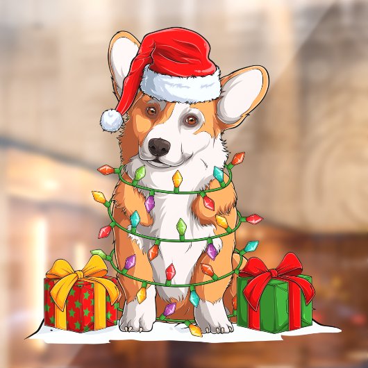 Santa Claus Welsh Corgi met kerstlicht Raamsticker (Vel 2)
