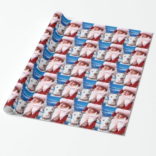 Santa Claus & White Pitbull Terrier Dog Cadeaupapier (Uitgerold)