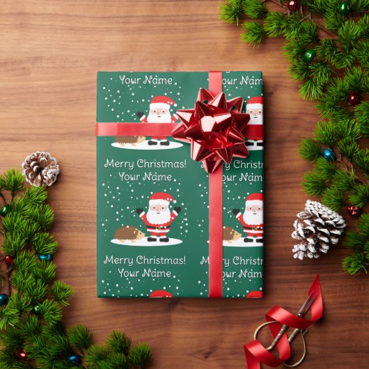 Santa Claus with hedgehog cartoon kid's Christmas Cadeaupapier (Feestdagen Geschenken)