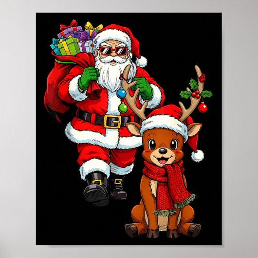 Santa Claus With Reindeer And Cool Christmas  Poster (Voorkant)